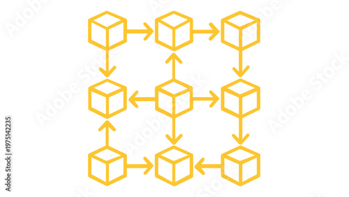 Blockchain network and crypto exchange vector icon illustration featuring a grid of interconnected cubes with directional arrows representing data flow, decentralized systems, and fintech.