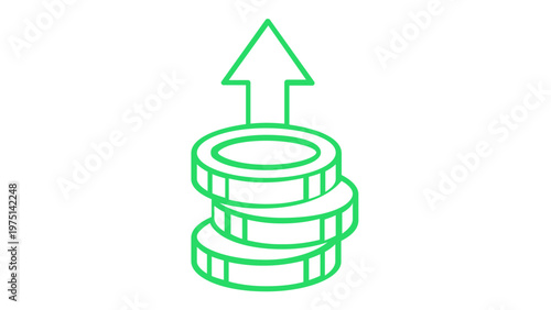 Vector illustration of a coin stack with an upward arrow, representing rising gas fees, financial growth, crypto profit, and market increase in a minimalist blue-green gradient line icon style.