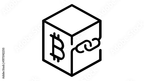 Blockchain technology vector icon illustration featuring a 3D cube with a Bitcoin symbol and a chain link, representing cryptocurrency, digital finance, and secure decentralized ledger systems.