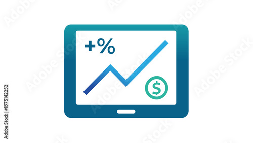 Vector illustration of a digital tablet displaying a financial growth chart with an upward trending line, plus percentage sign, and dollar coin icon for fintech, crypto trading, and investment.