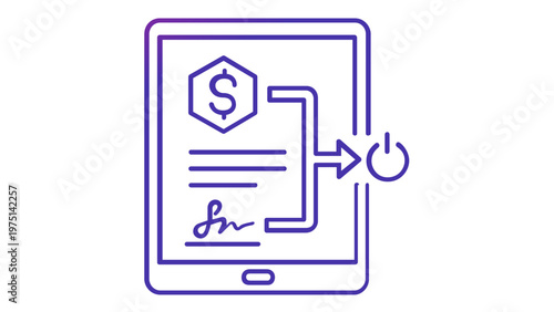 Fintech digital smart contract activation vector icon illustration featuring a tablet with a dollar sign hexagon, signature, and power button symbol for cryptocurrency and online banking.