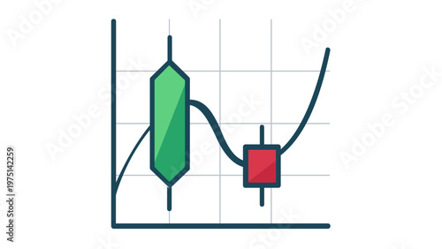 Financial Candlestick Chart and Liquidity Pool Vector Icon Illustration for Crypto Fintech, Featuring Green and Red Trading Bars with a Curved Trend Line on a Grid, Minimalist Flat Design.