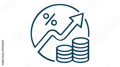 Market Capitalization and Financial Growth Vector Icon Illustration Featuring an Upward Arrow, Percentage Symbol, and Stacks of Coins for Crypto Fintech, Investment, and Economic Success Concepts