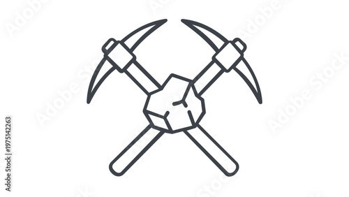 Cryptocurrency mining vector icon illustration with crossed pickaxes and rock, representing blockchain technology, digital asset extraction, and fintech concepts in a minimalist line art style.
