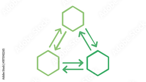 Peer to Peer P2P Network Vector Icon Illustration. Three Hexagons Connected by Bidirectional Arrows Representing Decentralized Data Exchange, Blockchain Technology, and Fintech Connectivity.