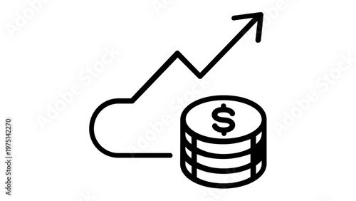 Financial staking line icon vector illustration featuring a stack of dollar coins and an upward trending arrow, symbolizing investment growth, profit increase, cryptocurrency earnings, and fintech