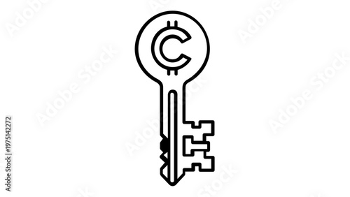 Minimalist vector icon illustration of a digital currency key with a crypto token symbol. Sleek line art design representing blockchain security, private keys, and fintech wallet access.