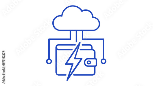 Yield Farming and Crypto Fintech Vector Icon Illustration Featuring a Cloud Connected to a Digital Wallet with a Lightning Bolt Symbol, Representing Fast Blockchain Transactions and Finance.