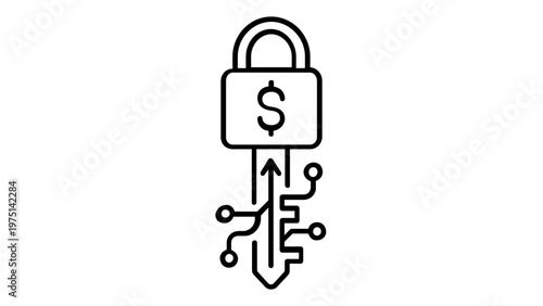 Vector icon illustration of a secure digital finance key with a padlock, dollar sign, and circuit board patterns, representing cryptocurrency security, fintech growth, and blockchain technology