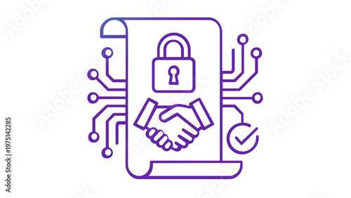 Smart contract vector icon illustration featuring a digital document with a padlock and handshake, representing secure blockchain agreements, fintech trust, and decentralized legal technology.