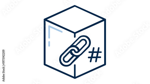 Minimalist blockchain vector icon illustration of a 3D cube with a chain link and hashtag symbol, representing cryptocurrency, decentralized data, secure digital ledger, and fintech technology.