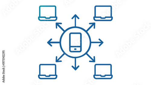 Peer-to-peer network vector icon illustration featuring a central mobile phone sharing data or connecting with multiple laptops. Minimalist flat design for fintech, crypto, and digital connectivity.