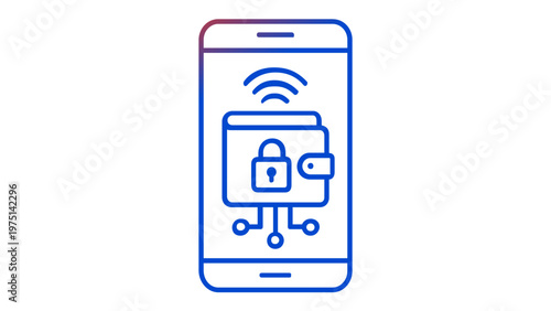 Gradient vector icon illustration of a secure digital wallet on a smartphone screen with a padlock and circuit lines, representing blockchain technology, fintech, and crypto yield farming app.
