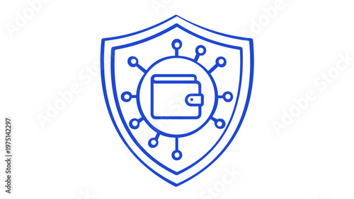Secure crypto wallet vector icon illustration with a digital wallet inside a protective shield and circuit nodes, representing fintech security, yield farming, and blockchain asset protection.