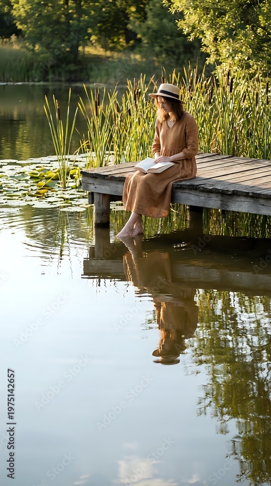 Fototapeta premium Young woman in beige dress and hat sitting on wooden dock by peaceful lake reading book with water reflection and green reeds in golden hour light.