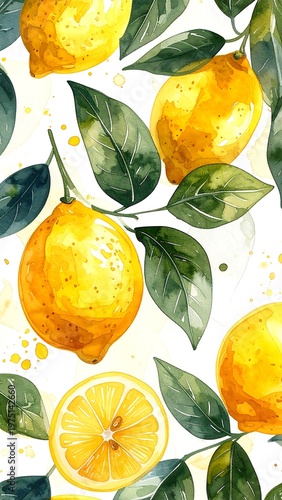 A vibrant watercolor pattern showcases bright yellow citrus fruit and lush green foliage. The artwork has a light background