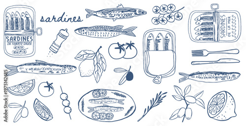 Hand drawn Mediterranean sardine in a can and seafood vector set. Blue line art featuring canned fish, lemon, olives, and tomatoes for packaging and menu design. hand drawn sketch in ink crayon style.