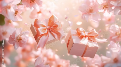 Delicate spring illustration with a gift box among cherry blossom petals, conveying romance, care, celebration, and soft elegant mood