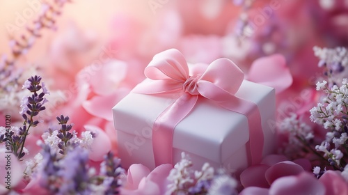 Festive gift box with pastel blossoms, perfect for 8 March ads, event invitations, and brand campaigns