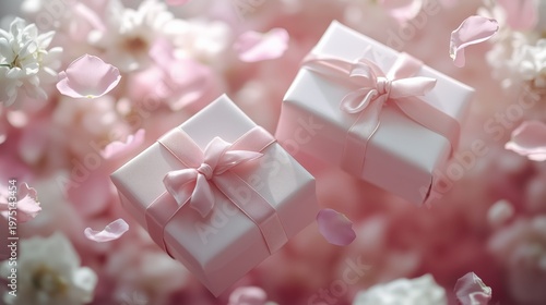 Soft pink flat lay with flowers and present, ideal for International Women’s Day promotions and romantic branding