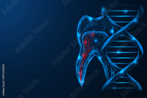 The tooth is connected to the DNA helix. The relationship of dentistry with genetics and biotechnology. Genetic predisposition to dental diseases. Polygonal design, blue background.