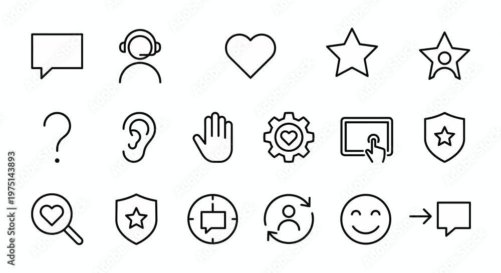 Fototapeta premium Maximum ultra-simplified customer support and user experience (UX) web icons in line art style. Symbols of service assistance, feedback loops, and user-centric design. Clean black and white vector ill