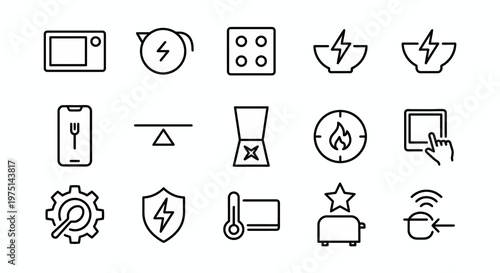 Maximum ultra-simplified kitchen appliances and smart cooking web icons in line art style. Symbols of modern cooking tech, energy efficiency, and kitchen gadgets. Clean black and white vector illustra