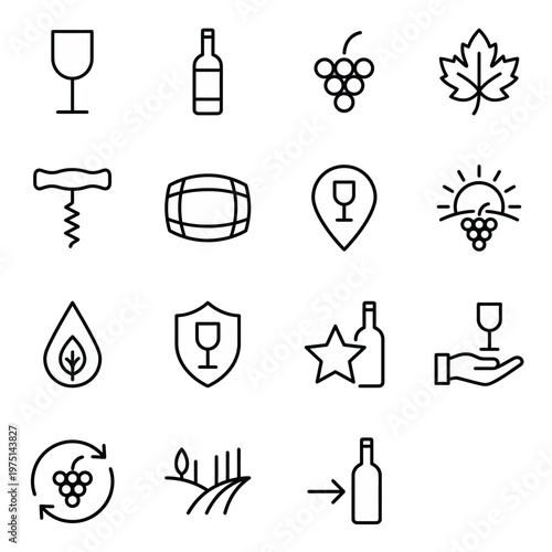 Maximum ultra-simplified wine and viticulture web icons in line art style. Symbols of winemaking, grape cultivation, and wine tasting. Clean black and white vector illustration with editable strokes f