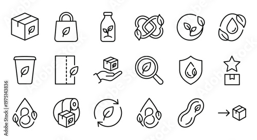 Maximum ultra-simplified sustainable packaging and bio-plastic web icons in line art style. Symbols of eco-friendly wrapping, biodegradable materials, and plastic-free alternatives. Clean black and wh