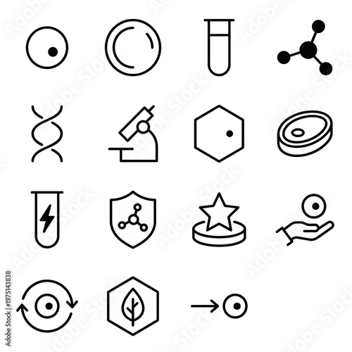 Maximum ultra-simplified food science and lab-grown meat web icons in line art style. Symbols of cellular agriculture, biotech food, and future proteins. Clean black and white vector illustration with