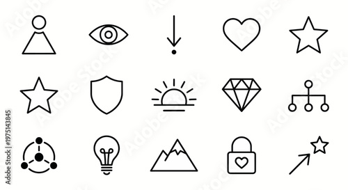 Maximum ultra-simplified corporate culture and leadership web icons in line art style. Symbols of vision, mission, ethics, and leadership excellence. Clean black and white vector illustration with edi