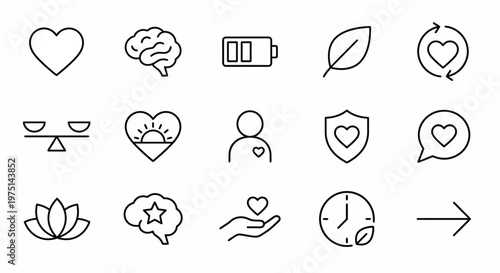 Maximum ultra-simplified employee wellbeing and mental health web icons in line art style. Symbols of professional care, mental balance, and work-life harmony. Clean black and white vector illustratio
