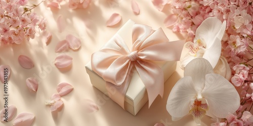 Elegant pink gift box with golden ribbon surrounded by flying sakura petals, perfect romantic present for Women's Day or Valentine's celebration