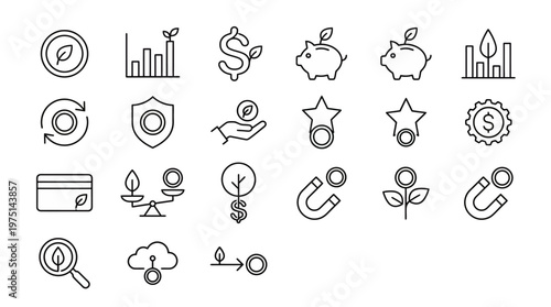 Ícones web de investimento sustentável e finanças verdes ultra-simplificados em estilo line art. Símbolos de ESG, banking ecológico e economia regenerativa. Arte vetorial limpa em preto e branco para 