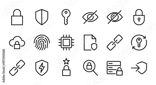 Maximum ultra-simplified data security and privacy web icons in line art style. Symbols of encryption, digital protection, and cybersecurity. Clean black and white vector illustration with editable st