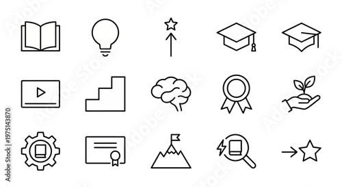 Maximum ultra-simplified training and development web icons in line art style. Symbols of professional learning, skill growth, and corporate education. Clean black and white vector illustration with e