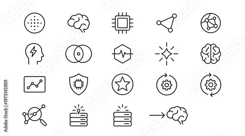 Maximum ultra-simplified AI and machine learning web icons in line art style. Symbols of neural networks, processors, and smart technology. Clean black and white vector illustration with editable stro