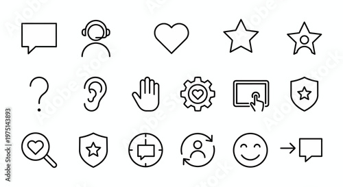 Maximum ultra-simplified customer support and user experience (UX) web icons in line art style. Symbols of service assistance, feedback loops, and user-centric design. Clean black and white vector ill