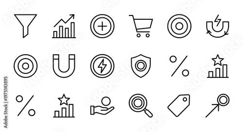 Maximum ultra-simplified sales and conversion optimization web icons in line art style. Symbols of marketing funnels, revenue growth, and lead attraction. Clean black and white vector illustration wit