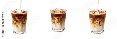 Iced Coffee with Milk Pouring Set, Cold Brew Latte Isolated on White Background PNG