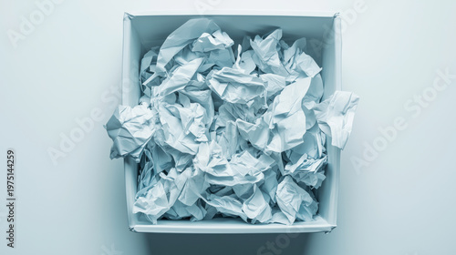 Crumpled white paper balls in box: messy office concept