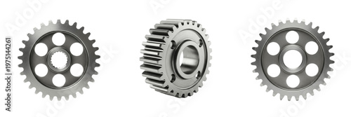 Set of Realistic Industrial Steel Gears and Metal Sprocket Wheels Isolated Transparent Background PNG