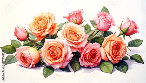 A vibrant watercolor-style arrangement features open roses in soft pink, peach, and orange hues with green foliage, set against a white backdrop