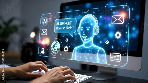 AI technology business support concept, virtual assistant chatbot interface over keyboard, smart customer service, automated online support, digital communication, and intelligent help desk solutions.