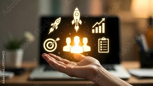 Business professional hand with digital CRM interface object performing client data management action through marketing technology in corporate environment.