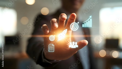 Business professional hand with digital CRM interface object performing client data management action through marketing technology in corporate environment.