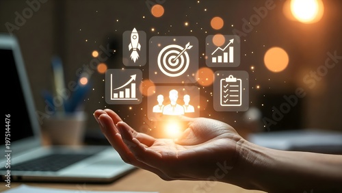 Business professional hand with digital CRM interface object performing client data management action through marketing technology in corporate environment.