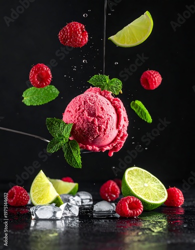 A vibrant shot of levitating raspberry sorbet, mint leaves, lime slices, and fresh fruit on a dark background