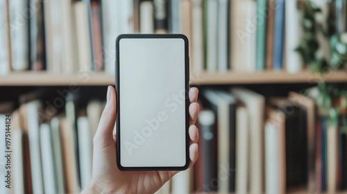 Blank smartphone screen held by caucasian female in library setting
