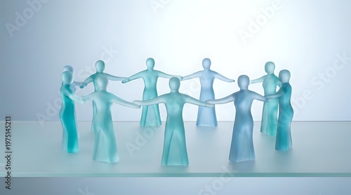 Translucent blue glass figurines holding hands in circle formation representing teamwork, unity and collaboration concepts for business presentations.